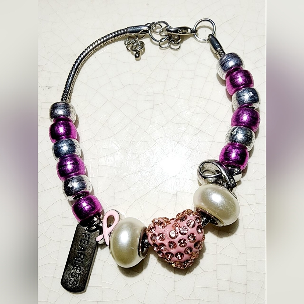 Handmade breast cancer awareness survivor charm pink and silver ankle bracelet